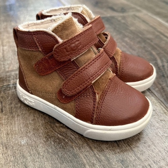UGG Toddler Rennon High Top Leather Sneaker, Brown, 6 - Picture 1 of 11